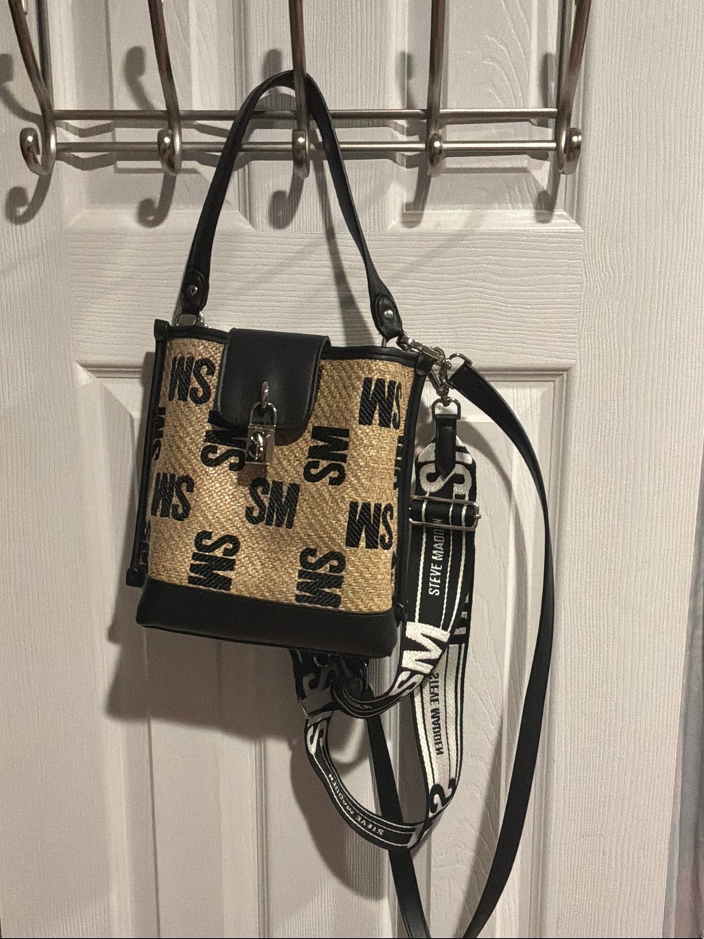 Steve Madden Black & Natural Straw Crossbody Bag with Logo Strap